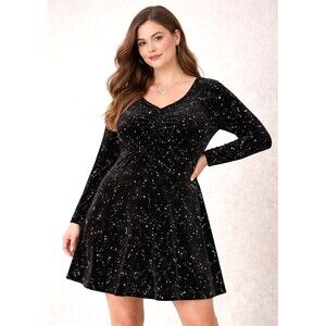 Agnes Orinda 2X Witchy Celestial Galaxy Velvet Dress Black Sparkle Star